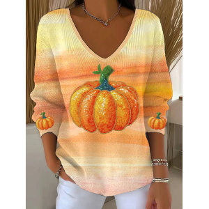 Women Halloween (pumpkin) Long Sleeve Tee T-shirt V Neck Printing Casual Spring/Fall Top