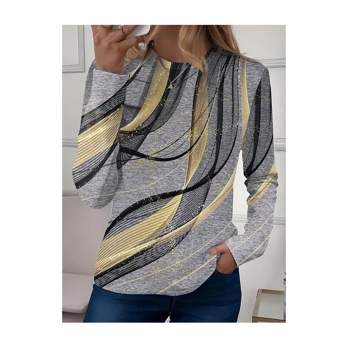 Women Color Block Long Sleeve Tee T-shirt Crew Neck Casual Spring/Fall Top