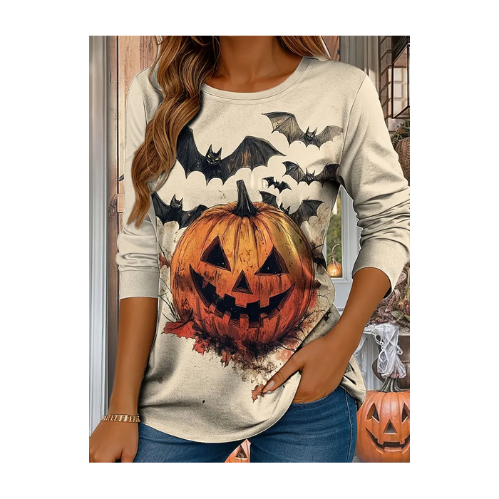 Women Halloween (pumpkin) Long Sleeve Tee T-shirt Crew Neck Printing Casual Spring/Fall Graphic Tee Top