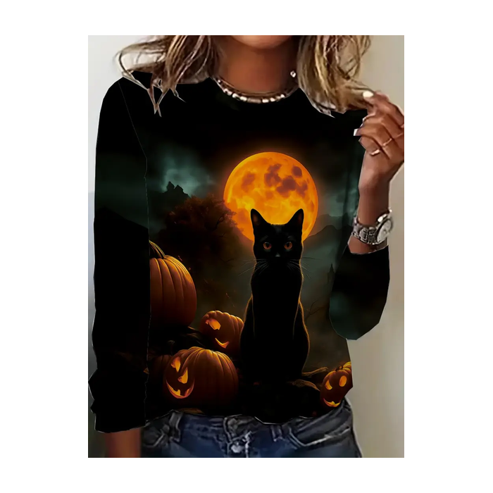 Women Cat Long Sleeve Tee T-shirt Crew Neck Printing Casual Spring/Fall Graphic Tee Top