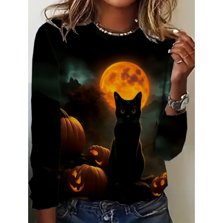 Women Cat Long Sleeve Tee T-shirt Crew Neck Printing Casual Spring/Fall Graphic Tee Top
