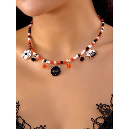 Halloween Necklace Funny Pumpkin Ghost Cat Pendant Horror Contrast Color Rice Bead Necklace Clavicle Chain