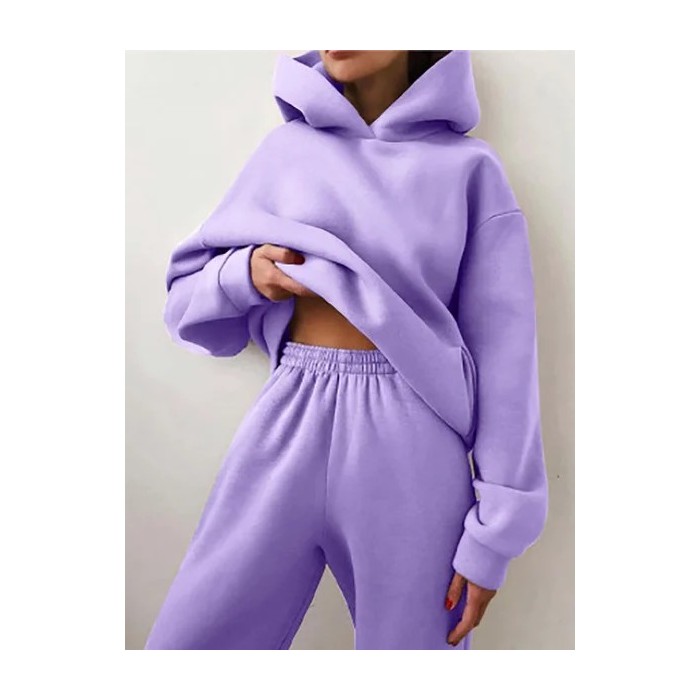 Women Plain Split Joint Two-Piece Set Daily Long Sleeve Casual Spring/Fall Top With Pants Matching Set