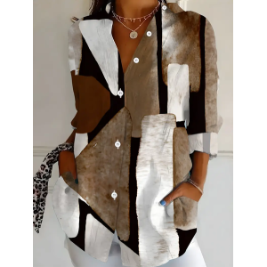 Women Abstract Long Sleeve Shirt Spring/Fall Buckle Shirt Collar Regular Sleeve Daily Casual Top
