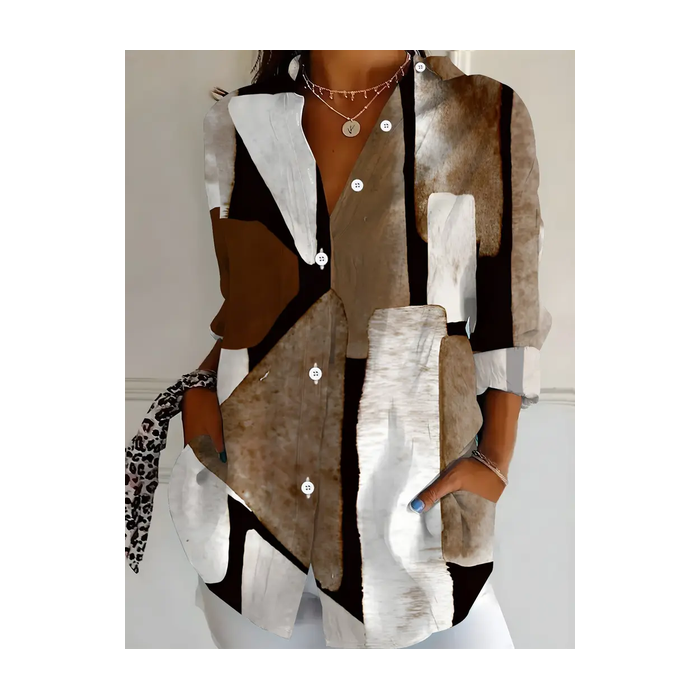 Women Abstract Long Sleeve Shirt Spring/Fall Buckle Shirt Collar Regular Sleeve Daily Casual Top