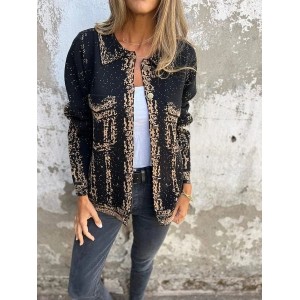 Women Spring/Fall Outerwear Vintage Printing Abstract Long Sleeve Shawl Collar Jacket