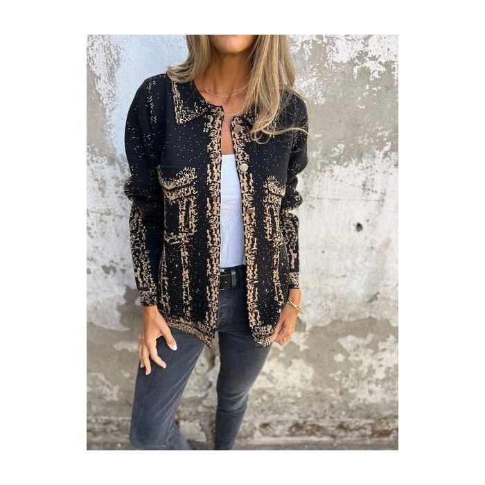 Women Spring/Fall Outerwear Vintage Printing Abstract Long Sleeve Shawl Collar Jacket