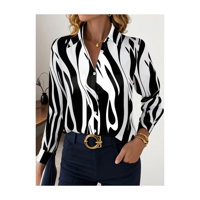Women Abstract Long Sleeve Shirt Spring/Fall Buckle Shirt Collar Regular Sleeve Daily Casual Top