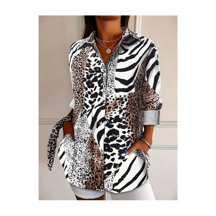 Women Leopard Long Sleeve Shirt Spring/Fall Buckle Shirt Collar Regular Sleeve Daily Casual Top