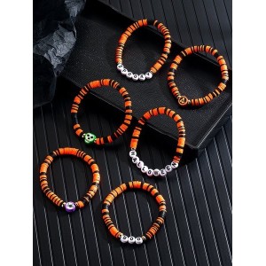 Hot Selling Orange Rice Beads Crystal Metal-plated Polymer Clay Pumpkin Skull Pendant Halloween Beaded Bracelet