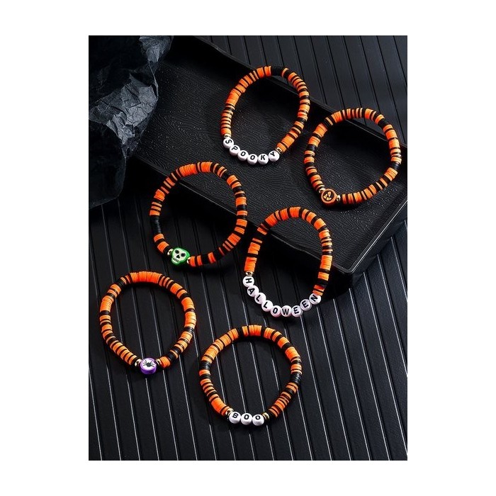 Hot Selling Orange Rice Beads Crystal Metal-plated Polymer Clay Pumpkin Skull Pendant Halloween Beaded Bracelet