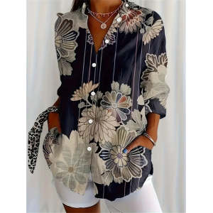 Women Floral Long Sleeve Shirt Spring/Fall Buckle Shirt Collar Regular Sleeve Daily Casual Top