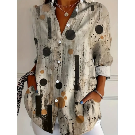 Women Abstract Long Sleeve Shirt Spring/Fall Buckle Shirt Collar Regular Sleeve Daily Casual Top