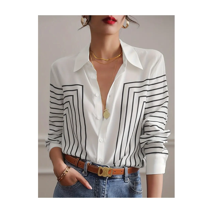 Women Abstract Long Sleeve Shirt Spring/Fall Buckle Shirt Collar Regular Sleeve Daily Casual Top