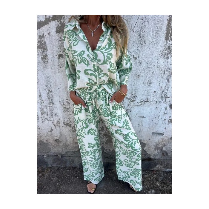 Women Floral Printing Two-Piece Set Daily Three Quarter Sleeve Casual Spring/Fall Top With Pants Matching Set