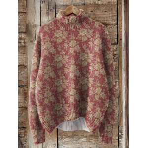 Women Floral Printing Spring/Fall Vintage Long Sleeve Turtleneck Sweater