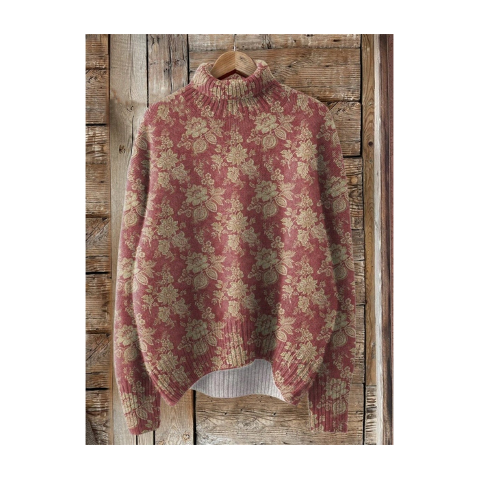 Women Floral Printing Spring/Fall Vintage Long Sleeve Turtleneck Sweater