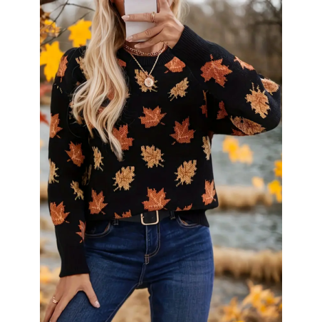 Women Maple Leaf Printing Spring/Fall Casual Long Sleeve Crew Neck Sweater