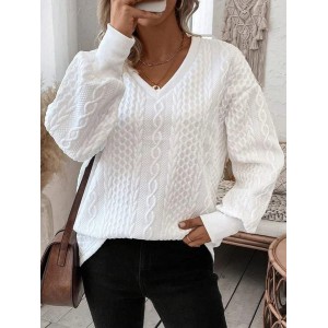 Women Geometric V Neck Jacquard Vintage Spring/Fall Long Sleeve Sweatshirt