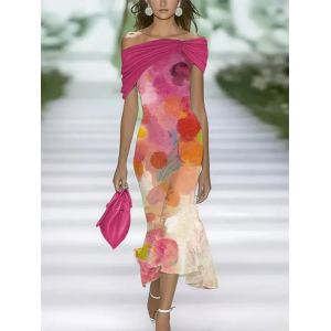 Women Abstract Cap Sleeve Summer Printing Dress Cold Shoulder Daily Vintage Maxi H-Line Dress