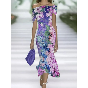 Women Floral Cap Sleeve Summer Printing Dress Cold Shoulder Daily Vintage Maxi H-Line Dress