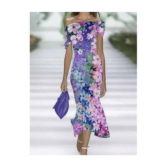 Women Floral Cap Sleeve Summer Printing Dress Cold Shoulder Daily Vintage Maxi H-Line Dress