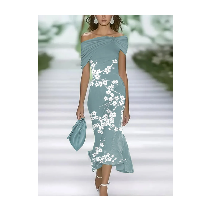 Women Floral Cap Sleeve Summer Printing Dress Cold Shoulder Daily Vintage Maxi H-Line Dress