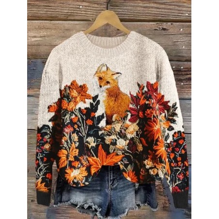 Women Floral Printing Spring/Fall Casual Long Sleeve Crew Neck Knitted Sweater