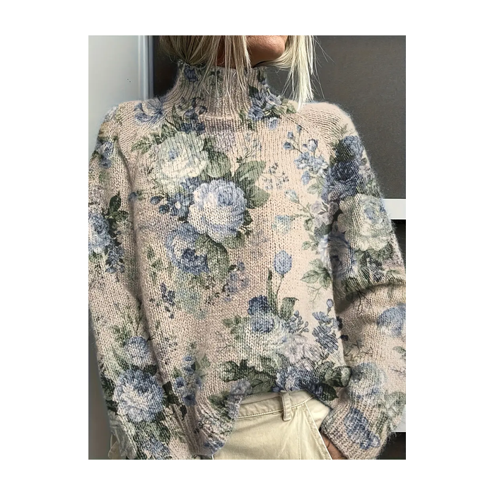 Women Floral Printing Spring/Fall Vintage Long Sleeve Turtleneck Sweater