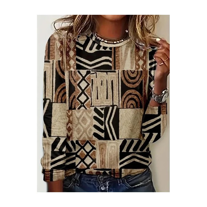 Women Abstract Long Sleeve Tee T-shirt Crew Neck Printing Casual Spring/Fall Graphic Tee Top