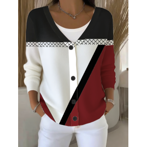 Women Abstract Long Sleeve V Neck Casual Spring/Fall Cardigan Outerwear