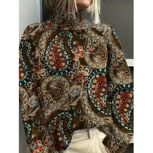 Women Floral Printing Spring/Fall Vintage Long Sleeve Turtleneck Sweater