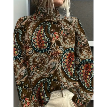 Women Floral Printing Spring/Fall Vintage Long Sleeve Turtleneck Sweater