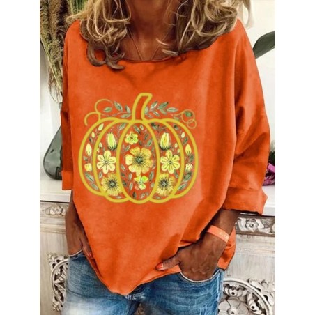 Women Halloween Pumpkin Floral Print Long Sleeve Tee T-shirt Crew Neck Festival Spring/Fall Graphic Tee Top
