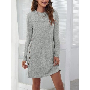 Women Plain Long Sleeve Spring/Fall Split Joint Dress Crew Neck Daily Vintage Midi Shift Dress A-Line Dress