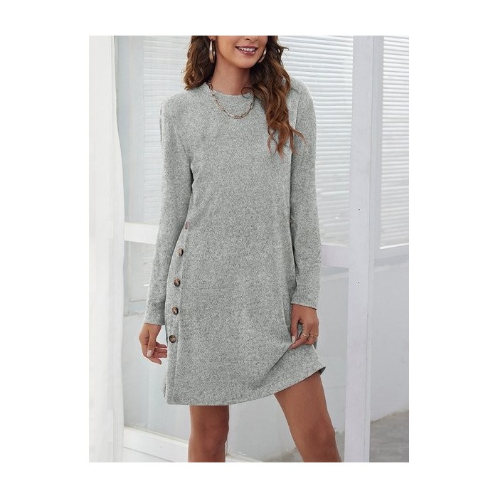 Women Plain Long Sleeve Spring/Fall Split Joint Dress Crew Neck Daily Vintage Midi Shift Dress A-Line Dress