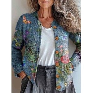 Women's Spring/Fall Outerwear Casual Zipper Floral Long Sleeve Crew Neck Jacket