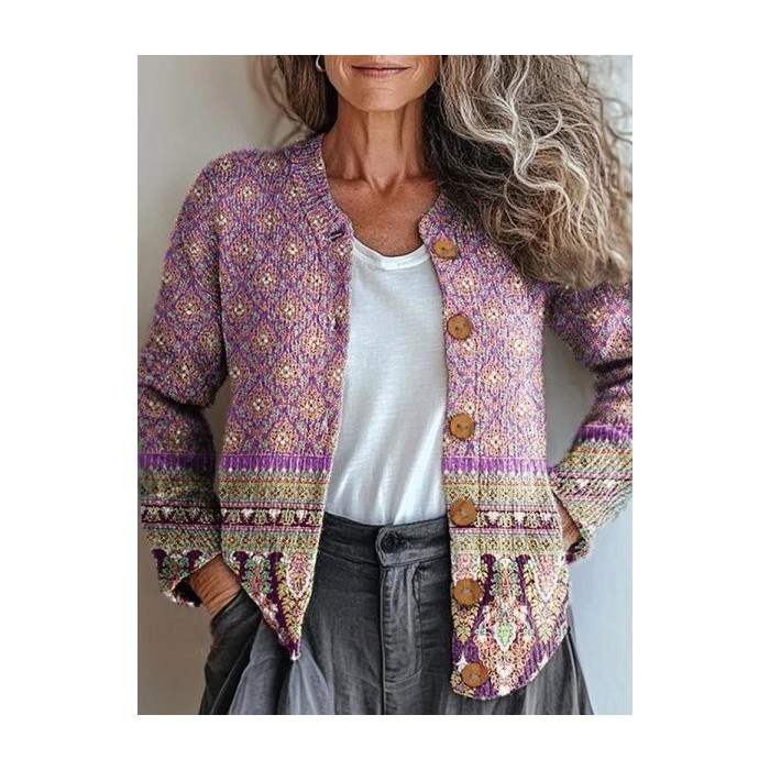 Women Striped Vintage Spring/Fall Knitted Cardigan