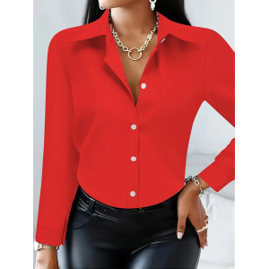 Women Plain Long Sleeve Shirt Spring/Fall Buckle Shirt Collar Regular Sleeve Daily Casual Top