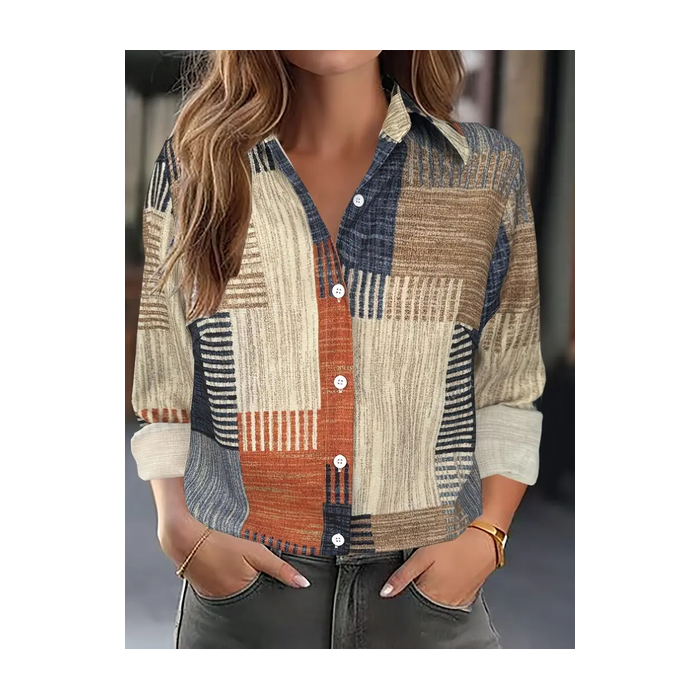 Women Abstract Long Sleeve Shirt Spring/Fall Buckle Shirt Collar Regular Sleeve Daily Casual Top