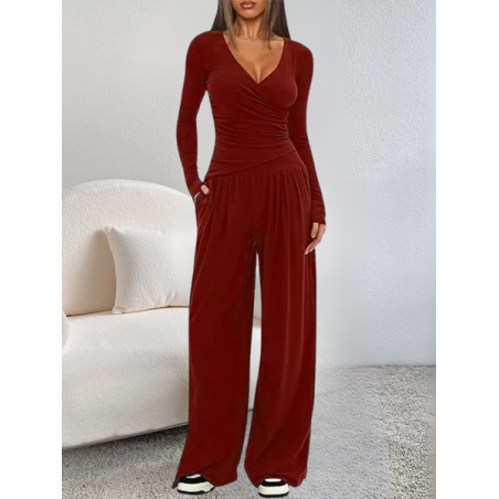 Women Plain Split Joint Two-Piece Set Daily Long Sleeve Casual Spring/Fall Top With Pants Matching Set