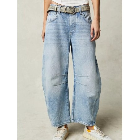 Buckle Cotton Loose Casual Women's Loose Wide Leg Pants Mid-low Rise Washed Scimitar Pants Jeans