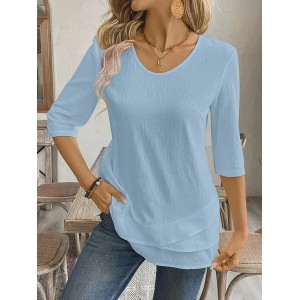 Women Plain Three Quarter Sleeve Shirt Spring/Fall Crew Neck Daily Casual Top