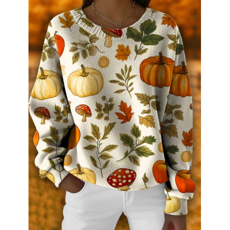 Women Floral Printing Spring/Fall Casual Long Sleeve Crew Neck Knitted Sweater