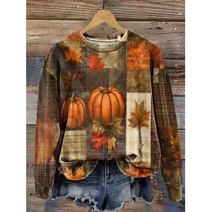 Women Maple Leaf Crew Neck Printing Casual Spring/Fall Long Sleeve Sweatshirt