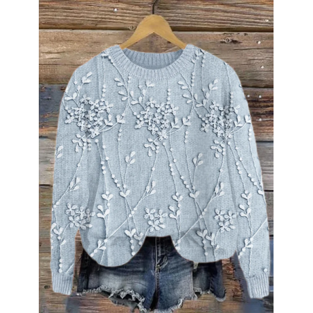 Women Floral Printing Spring/Fall Casual Long Sleeve Crew Neck Knitted Sweater