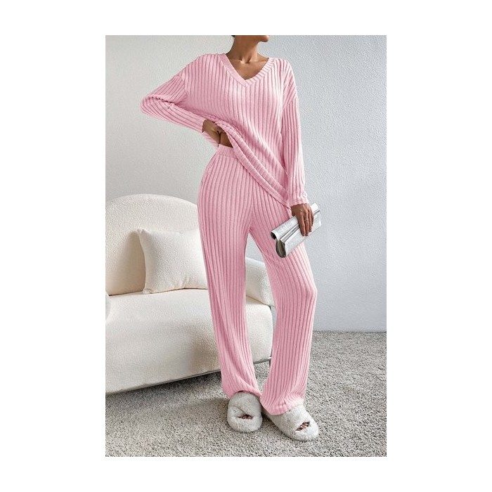 Women Plain Embossed Two-Piece Set Daily Long Sleeve Casual Spring/Fall Top With Pants Matching Set