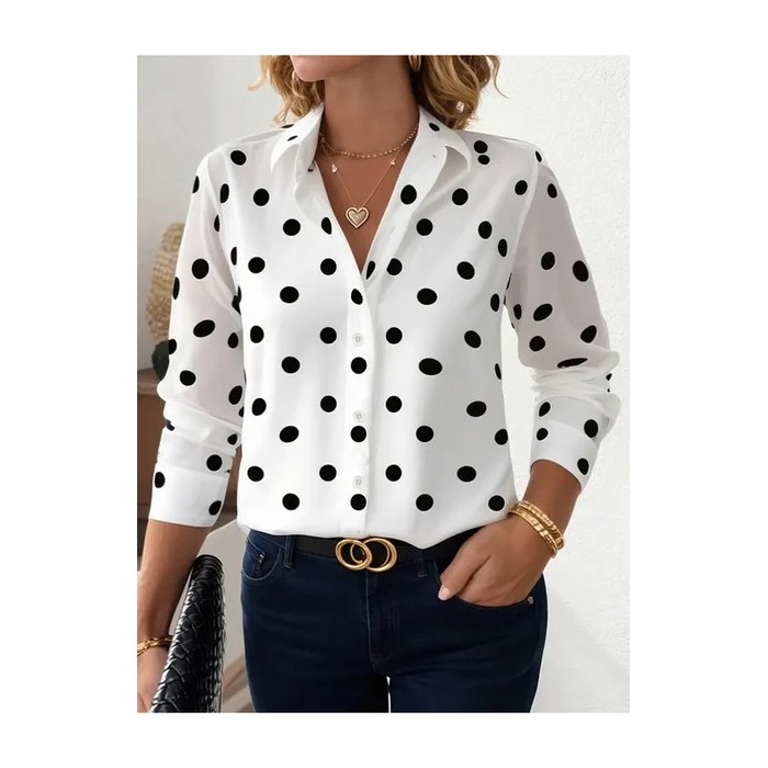 Women Polka Dots Long Sleeve Shirt Spring/Fall Buckle Shirt Collar Regular Sleeve Daily Casual Top