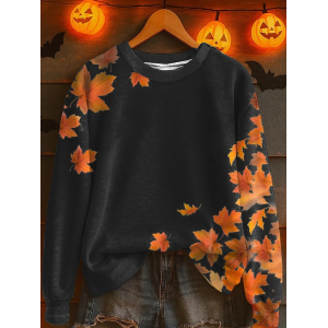 Women Maple Leaf Crew Neck Printing Casual Spring/Fall Long Sleeve Sweatshirt
