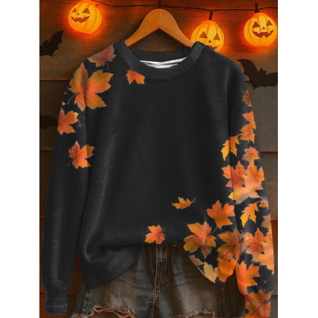 Women Maple Leaf Crew Neck Printing Casual Spring/Fall Long Sleeve Sweatshirt
